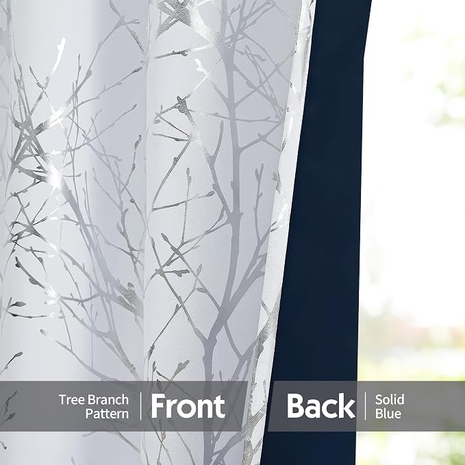 FMFUNCTEX 100% Blackout Ivory Silver Foil Tree Curtains 84 Inch 2 Panels | - Image 7