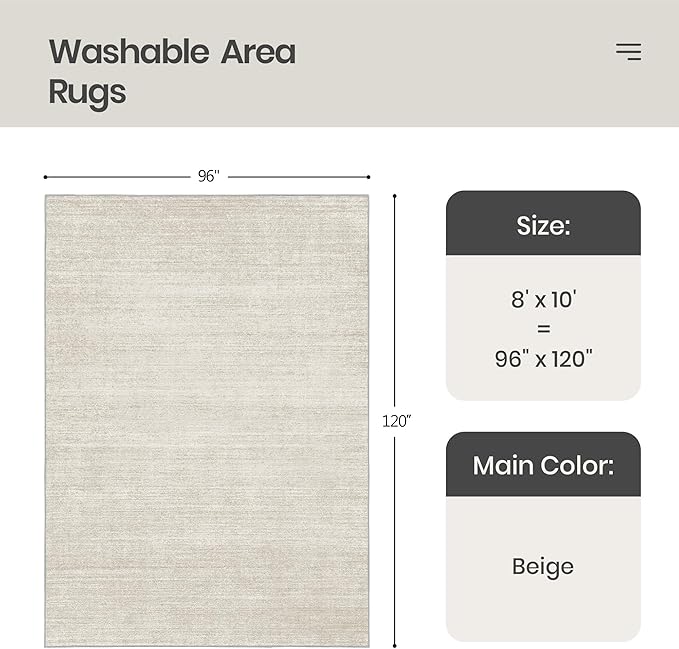 8x10 Area Rugs for Living Room, Large Washable Rug Non Slip Beige | Soft Low - Image 2