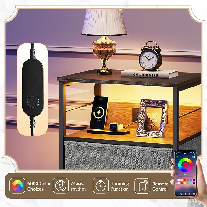 WLIVE Nightstand with Charging Station, 31.9" H Nightstand with 3 Fabric Drawers - Image 4
