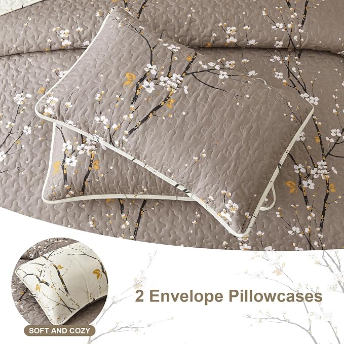 DJY Quilt Set Queen Size, Branch Botanical Bedspread Coverlet, Tan &Cream | - Image 6