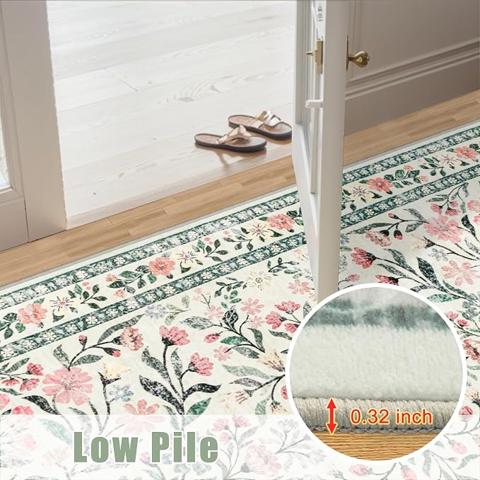 PLHXFR 8x10 Area Rug Living Room: Floral Washable Boho Carpet Green Beige | - Image 8