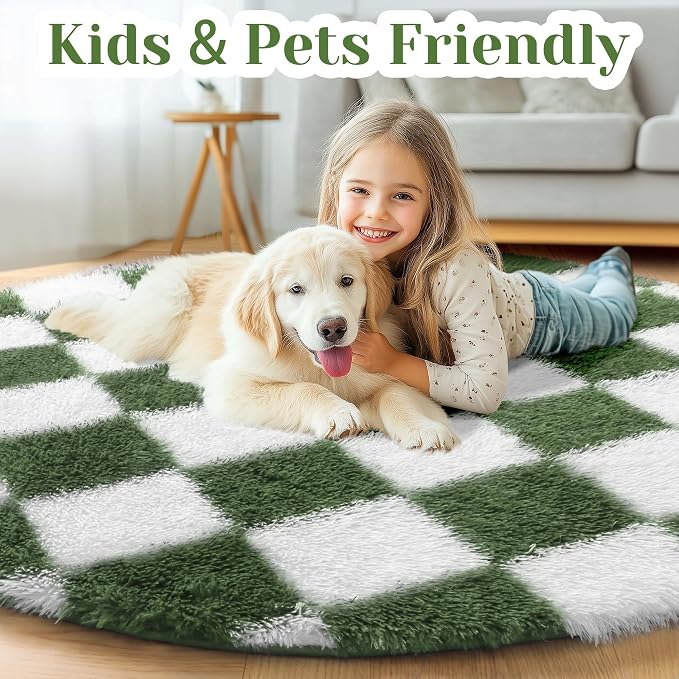 KICMOR Round Rugs 5ft Olive Green and White Circle Area Rug, Fluffy Soft Fuzzy - Image 4