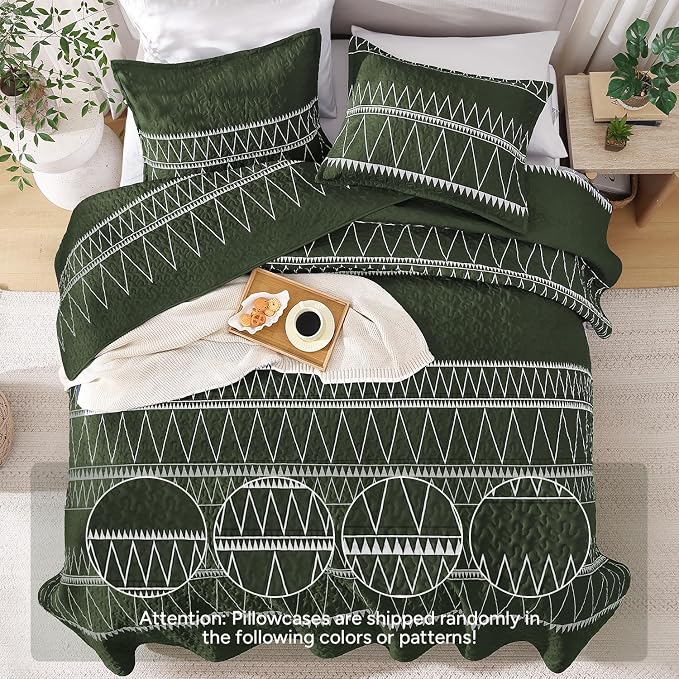 Green Oversized Super King Quilt Set, 3 Pieces Striped Bedspread | Boho Soft - Image 3