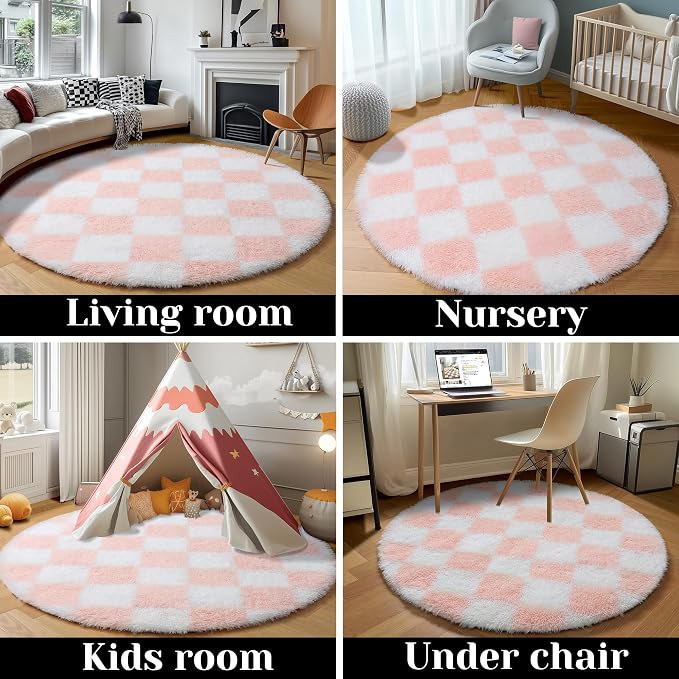 KICMOR Pink Round Rugs 5ft for Girls Bedroom, Fluffy Soft Checkered Circle Area - Image 5