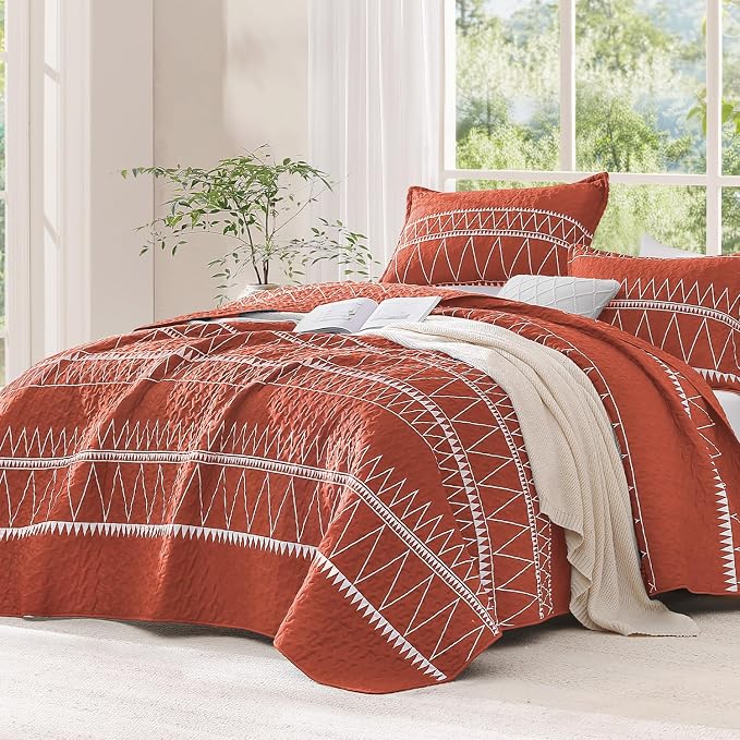 Burnt Orange King Size Quilt Set, 3 Pieces Boho Striped Bedspread | Soft by Andency