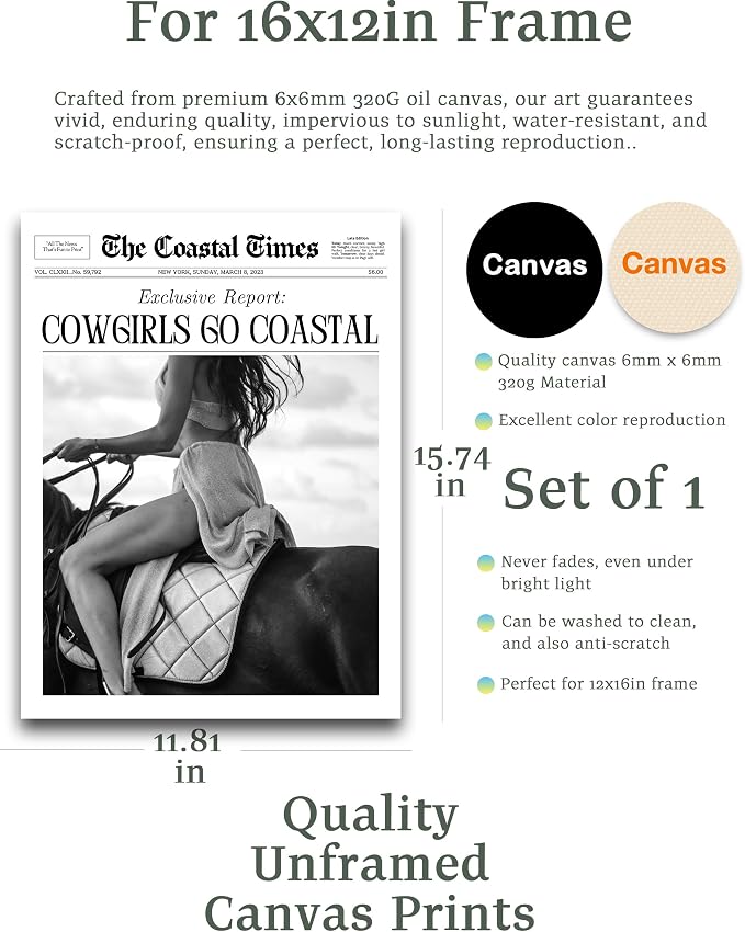 iHery 12x16in Cowgirls Go Coastal Unframed Newspaper Wall Art | Unframed Canvas - Image 2