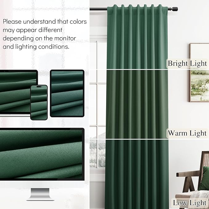 Green Linen 100% Blackout Curtains 120 Inches Long 2 Panels Set Modern Room - Image 7