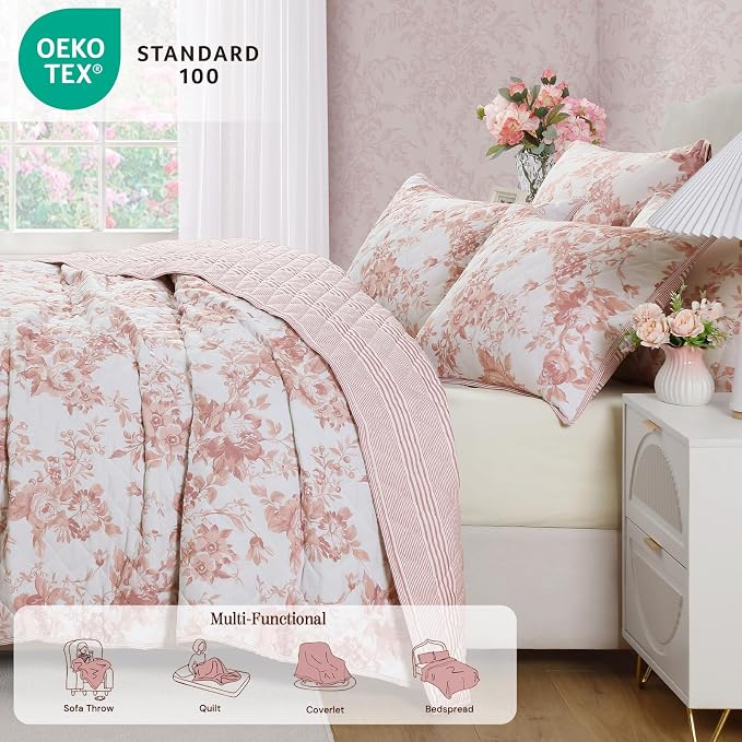 Queen Quilt Set-3 Pieces Soft Bedding Floral Reversible Coverlet | All Seasons - Image 4