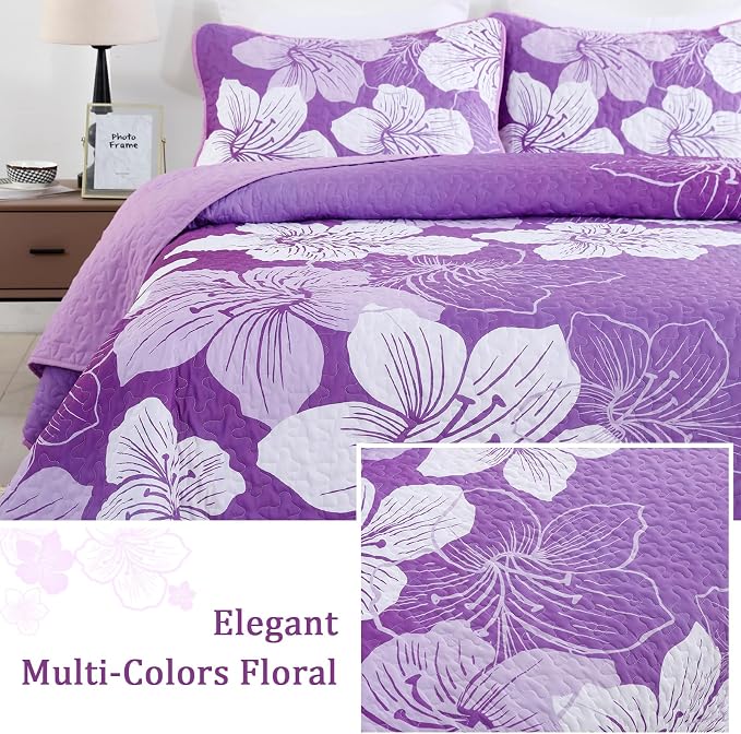 DJY Purple Floral Pattern King Quilt Set 3 Pieces Botanical Bedspread Summer - Image 4