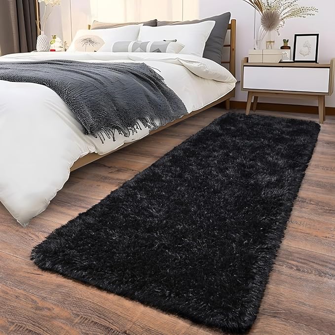 Soft Runner Rugs for Bedroom Hallways, 2x5 Black Fluffy Shag Throw Area Rug Non - Image 6
