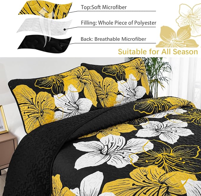 DJY 3 Pieces Quilt Set Queen Gold Floral Pattern Black Quilt Coverlet Set - Image 4