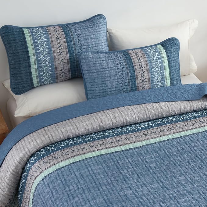 Cottolester Blue Quilt Set King, All Seasons Microfiber Quilt Bedding Sets - Image 3
