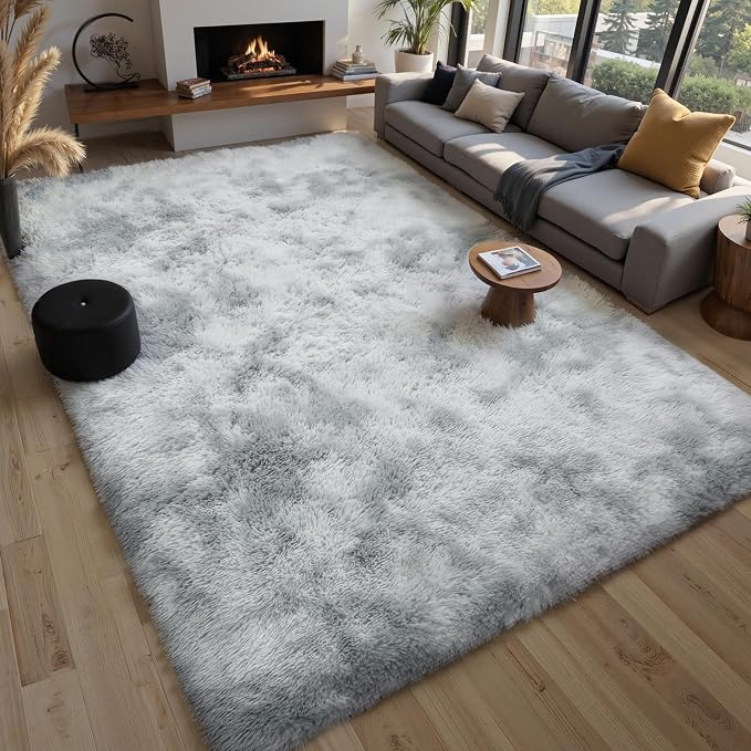 KICHOWUA Grey Tie-Dye Light Gray Fluffy 9x12 Rug Bedroom Living Room Shag | - Image 7