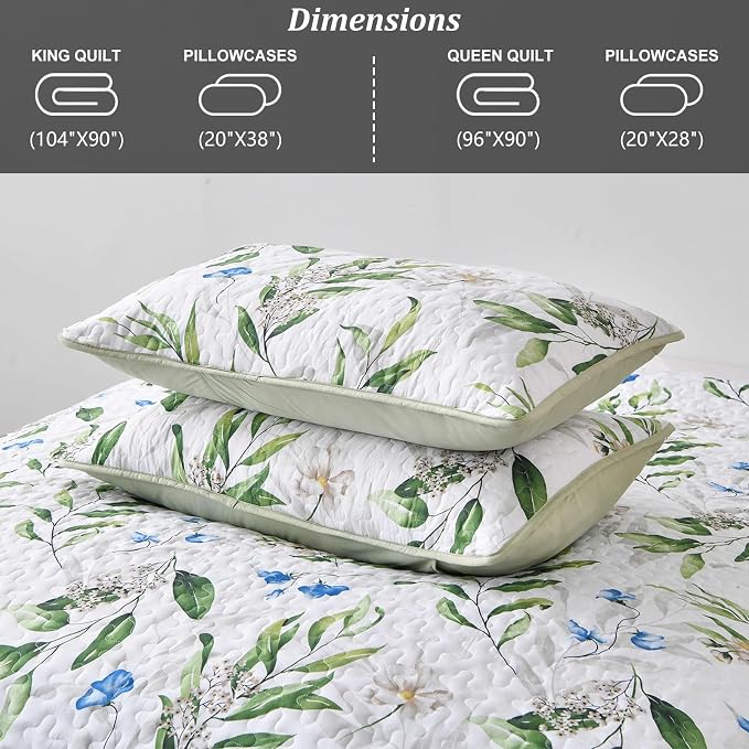 Anibedding Green Quilt Set King Size, 3 Pieces Floral Botanical Bedspread | - Image 6