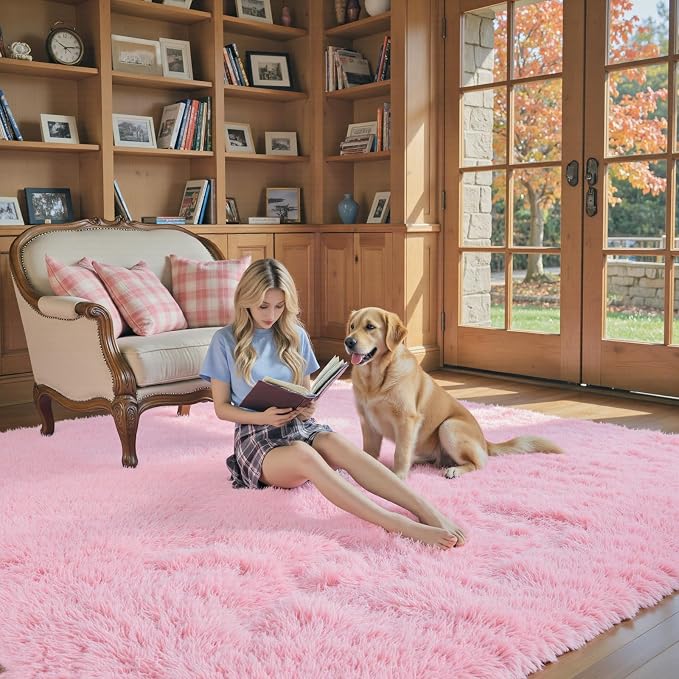 Shag Area Rug for Living Room, 5x8 Pink Fluffy Plush Carpet | Non-Slip Large - Image 8