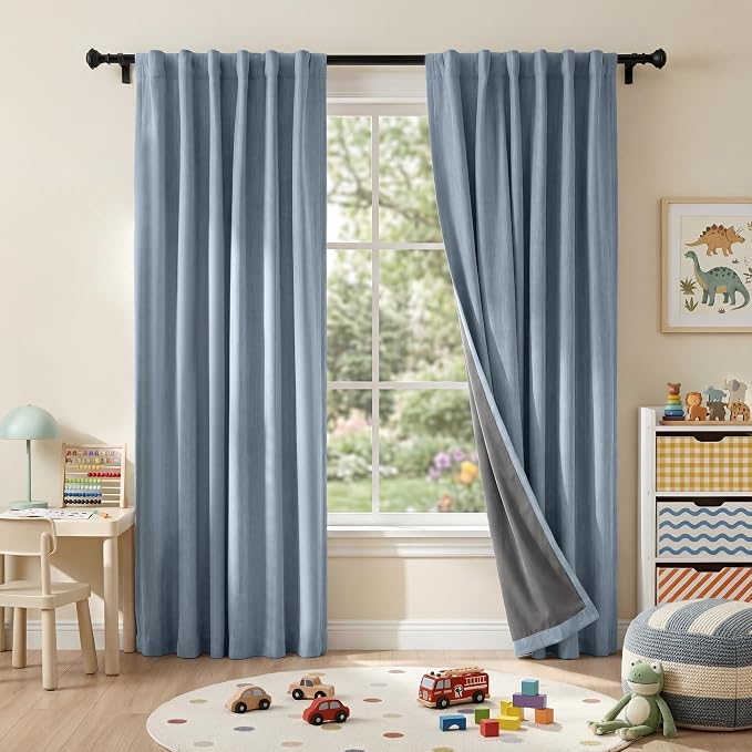 RYB HOME Smoky Blue Linen 100% Blackout Curtains 120 Inches - Image 2