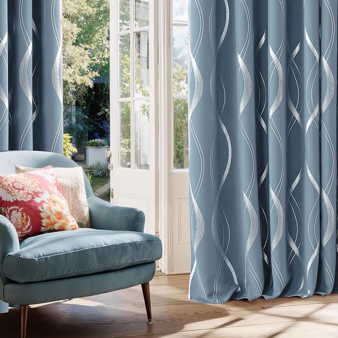 NICETOWN Dusty Blue Foil Print 90 inch Long Curtains - Image 3