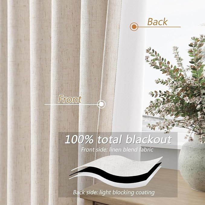 100% Blackout Linen Curtains 96 Inch Length 2 Panels Set - Image 4