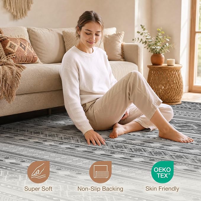 cotiled Boho 9x12 Area Rug for Living Room: Large Moroccan Washable Rug | Stain - Image 4