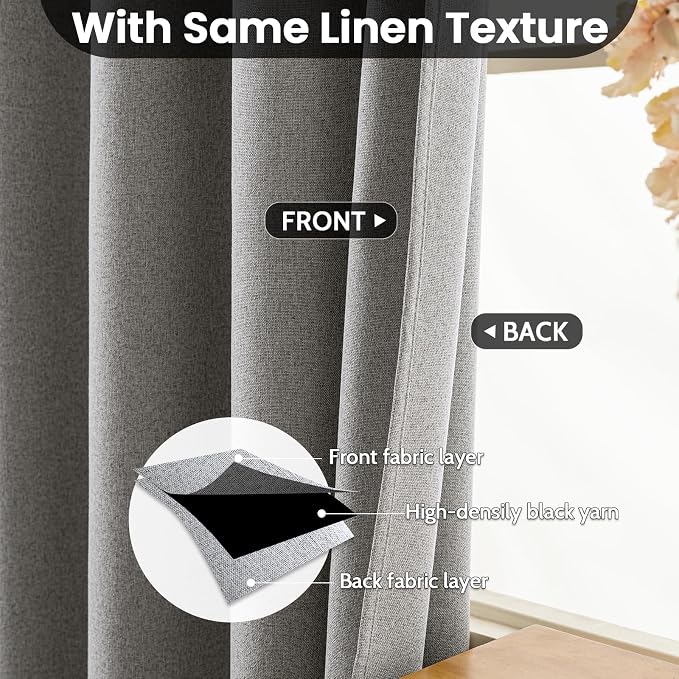 COSVIYA 100% Blackout Dove Grey Linen Curtains & Drapes 63 Inch Length | Light - Image 4