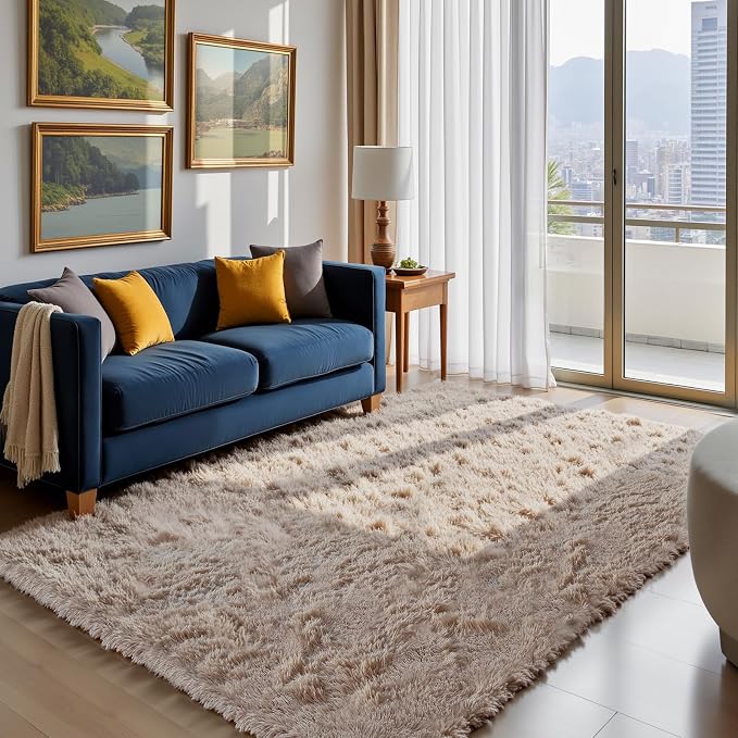 Beige 5x8 Area Rugs for Living Room, Fluffy Shag Rug Bedroom Carpet | Upgraded - Image 3