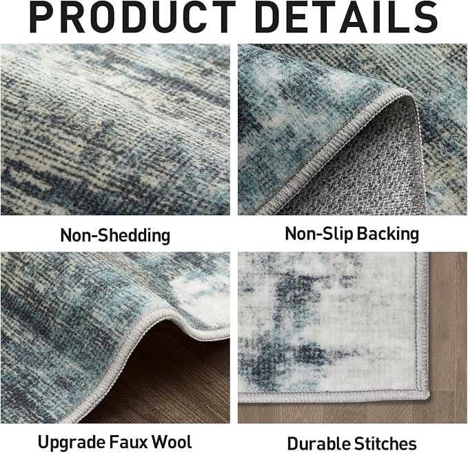 5x7 Area Rugs for Living Room: Washable Abstract Teal Green Badroom Carpet | - Image 5