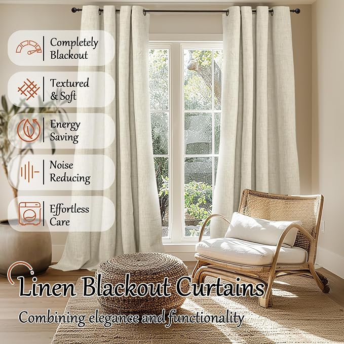 Natural Linen Blackout Curtains 84 Inch Long Each 60 Wide 2 Panels | Thermal - Image 2