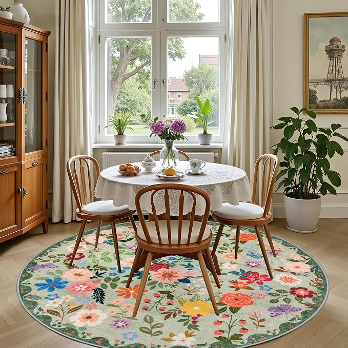 PLHXFR Round Area Rug Living Room: 6 ft Floral Washable Soft Carpet Green | - Image 4