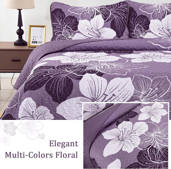 DJY Quilt King Size, Dark Purple Floral Boho Bedspread Coverlet Set 3 Pcs | - Image 4