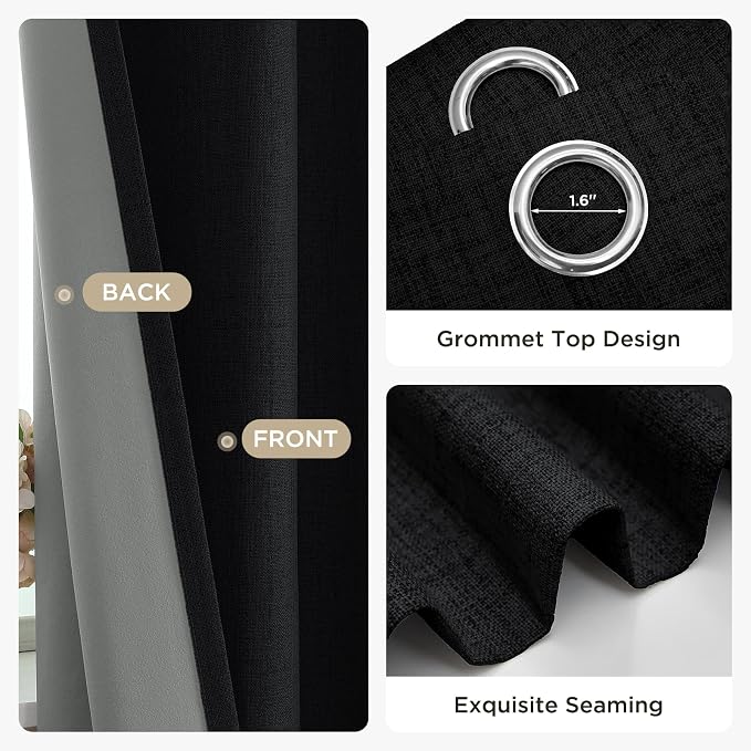 Joydeco Black Blackout Curtains 90 Inch Long 2 Panels Set, Faux Textured Linen - Image 5