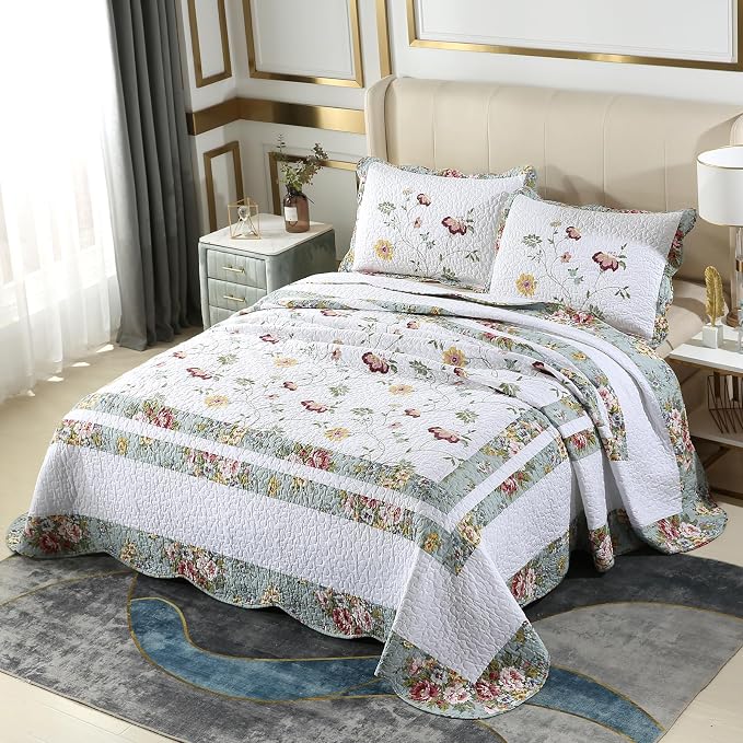 ROOMLIFE 100% Cotton Quilt Set Queen Elegant Floral Embroidery 3-Piece | by ROOMLIFE