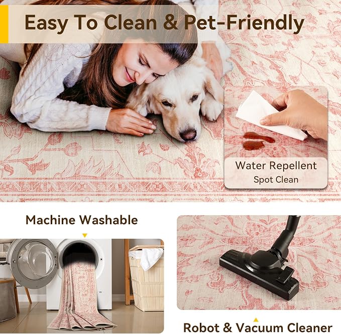 RELEANY Washable Area Rug, Round 6ft, Water Repellent, Pet Friendly, Vintage - Image 6