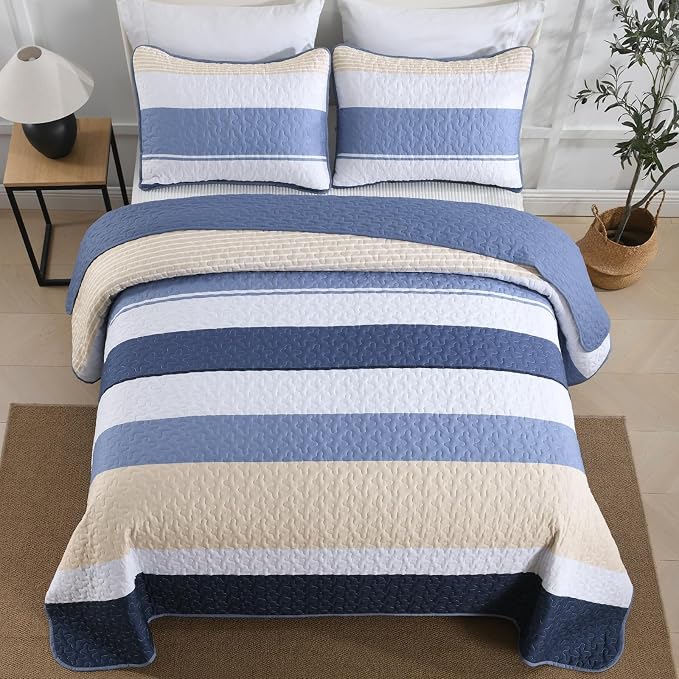Dinjoy California King Boho Striped Quilt Set, Breathable All-Season, 3-Piece - Image 2