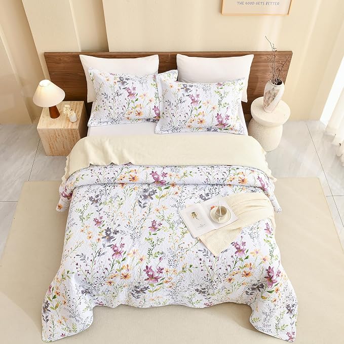 QSH 100% Cotton Quilt King Size Bedding Set 3Pcs Floral Quilt Set Yellow Wild - Image 3