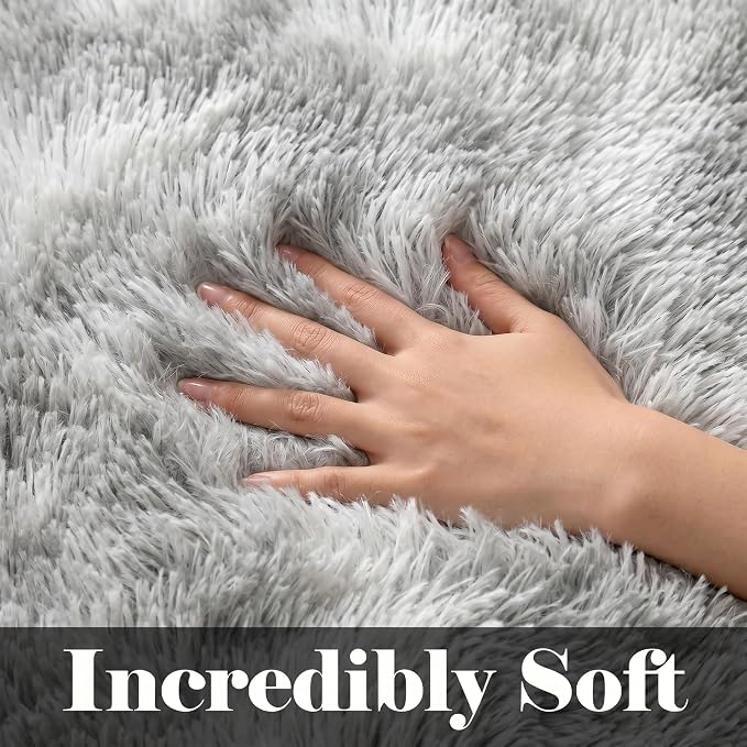 2x6 Runner Rugs for Bedroom Living Room, Fluffy Tie-Dyed Light Grey Bedside - Image 2