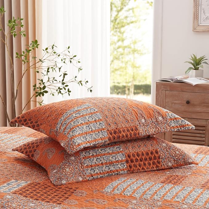 2 Pieces Twin Size Quilt Set Burnt Orange Rust Paisley Bedspread Coverlet - Image 7