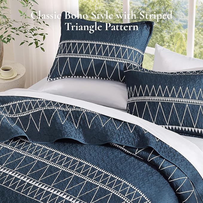 Navy King Size Quilt Set, 3 Pieces Boho Striped Bedspread | Soft Lightweight - Image 4