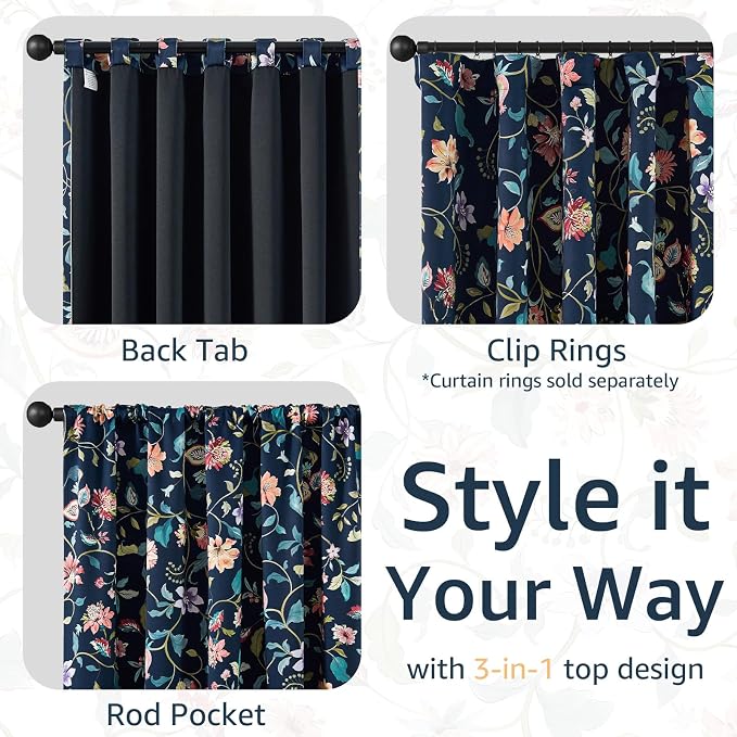 jinchan Dark Blue Floral Blackout Curtains 63 Inch Back Tab 2 Panels | Room - Image 6