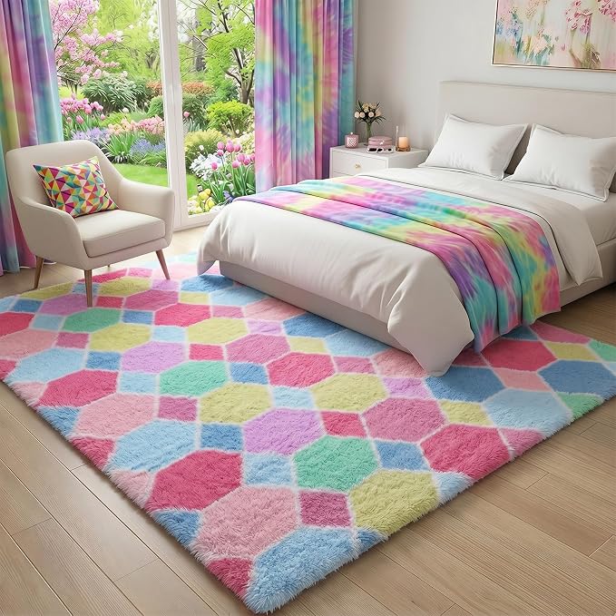Checkered 8x10 Area Rugs for Living Room, Large Fluffy Pink Rainbow Colorful - Image 5