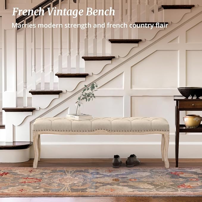 Bedroom Bench, French Vintage Tufted Entryway 52.5" Carving Upholstered End of - Image 7