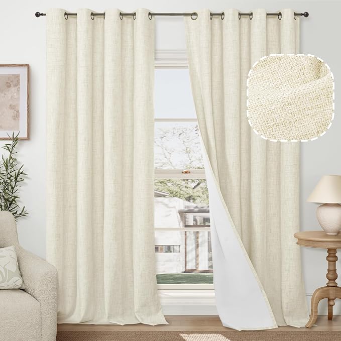 Cream Linen Blackout Curtains 84 Inch Long Each 60 Wide 2 Panels | Thermal by Lajode