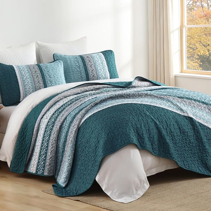 Cottolester Teal Quilt Set Queen Size, Soft Striped Texture Quilt Set 3 Pcs | - Image 9