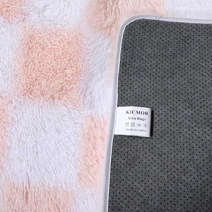 KICMOR Pink Rugs for Bedroom Girls, 3x5 Small Fluffy Soft Bedside Checkered - Image 2