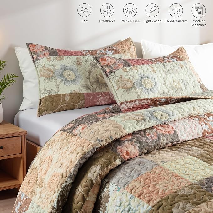 Whale Flotilla Patchwork Quilts Queen Size, Extra Soft Floral Bedspreads | - Image 3