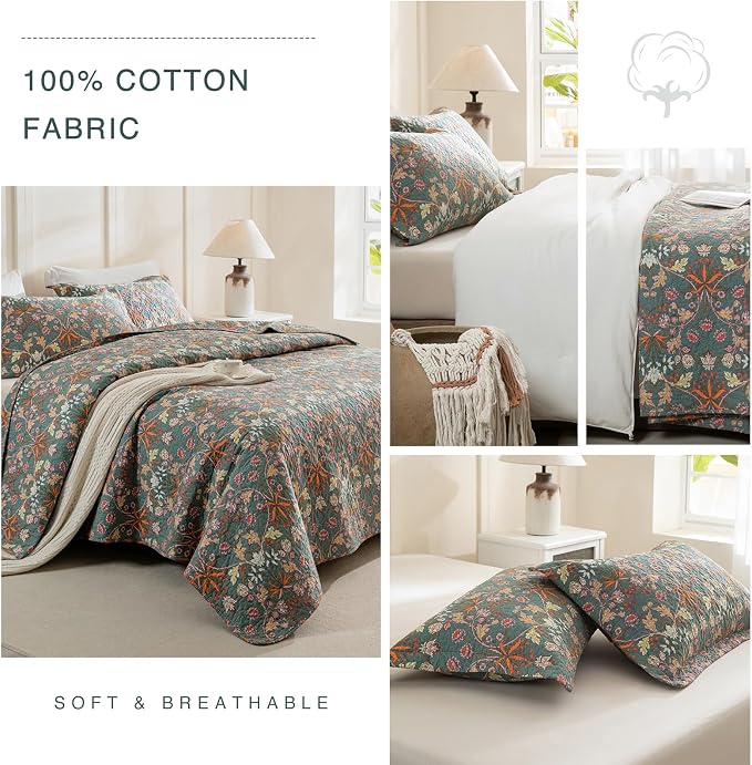 QSH 100% Cotton Floral Quilt Sets Queen Bedding Set-3PCs Luxury Paisley - Image 6