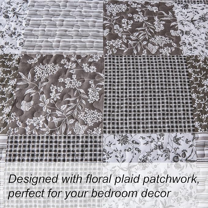 Mybedsoul Grey Boho Quilt Set King Size, 3 Pieces Plaid Floral Bedspread - Image 4