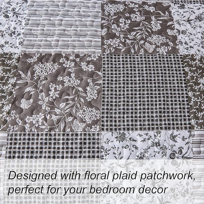 Mybedsoul Grey Boho Quilt Set Queen Size, 3 Pieces Plaid Floral Bedspread - Image 4