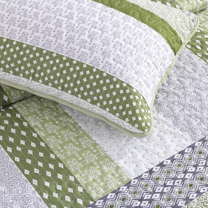 WONGS BEDDING Olive Green Quilt King Size, Bohemian Stripe Bedspread | - Image 5