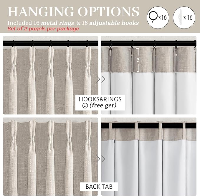 Blackout 100 Inch Greyish Beige Pinch Pleated Linen Curtains - Image 7