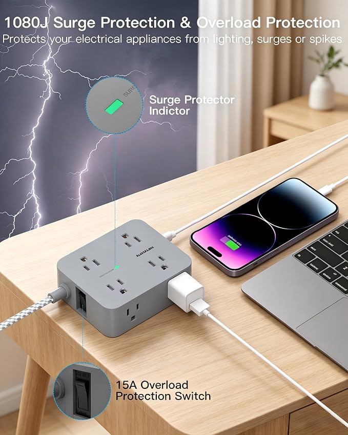 HANYCONY Surge Protector Power Strip 15 Ft Long Cord, Flat Plug | Extension Cord - Image 3
